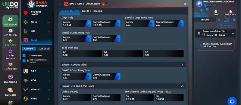 Bảng kèo xuất hiện tại trận Dota2 trên UK88 Bảng kèo xuất hiện tại trận Dota2 trên UK88