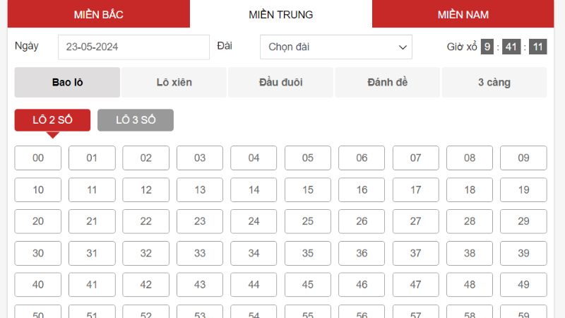 Giao diện cá cược kèm các danh mục cược của lô đề Miền Trung Giao diện cá cược kèm các danh mục cược của lô đề Miền Trung